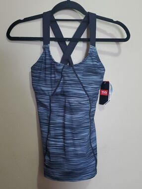 TYR Women's Black and Gray Striped Crossback Padded Swim Tank Size Small (4-6)
